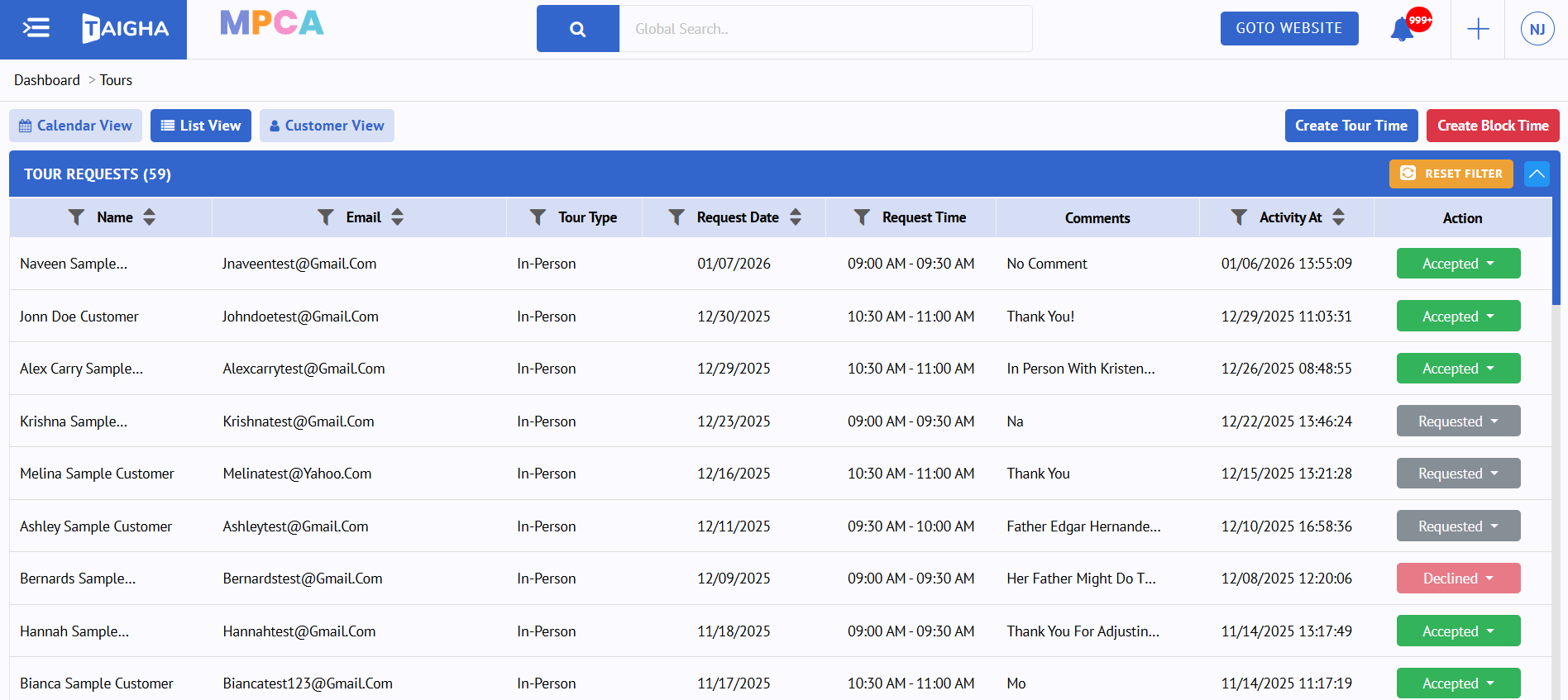 Smart Automated Tour Calendar